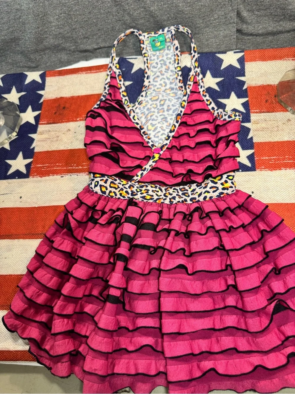 Dog Ruffle Dress with Leopard Trim - Pink
